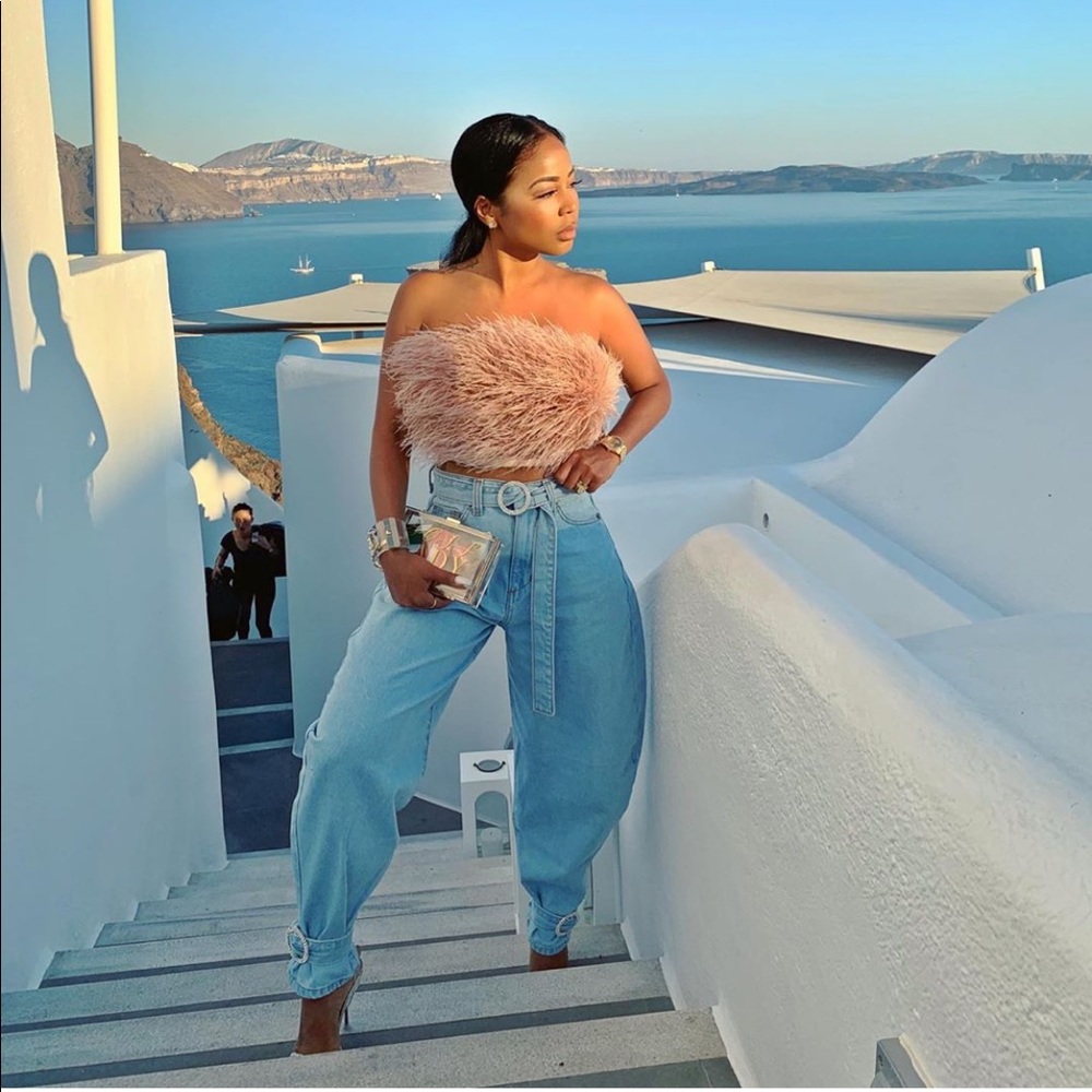 Medium wash jeans w/ jeweled belt and ankle cuffs